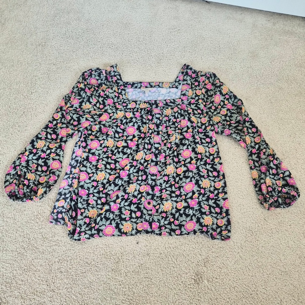 Loft Outlet Floral Blouse Womens XL Black Square Neck Cottagecore Boho Coquette